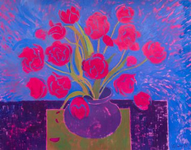 Artwork, painting of tulip flowers in pink and blue background.